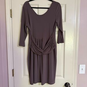 Clara Sun Woo Women's Size Large Faux Wrap 3/4 Sleeve Dress  Brown Stretch Fit